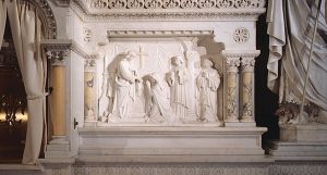 To conform to Vatican II decrees: white Carrara marble Altar of Sacrifice, Ambo and Lectern installed